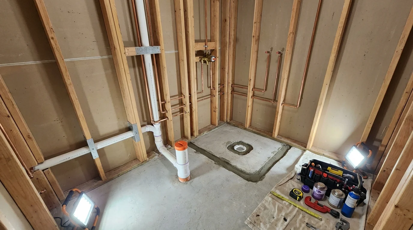 Bathroom rough-in plumbing during remodel by Johns Plumbing LLC in Natick