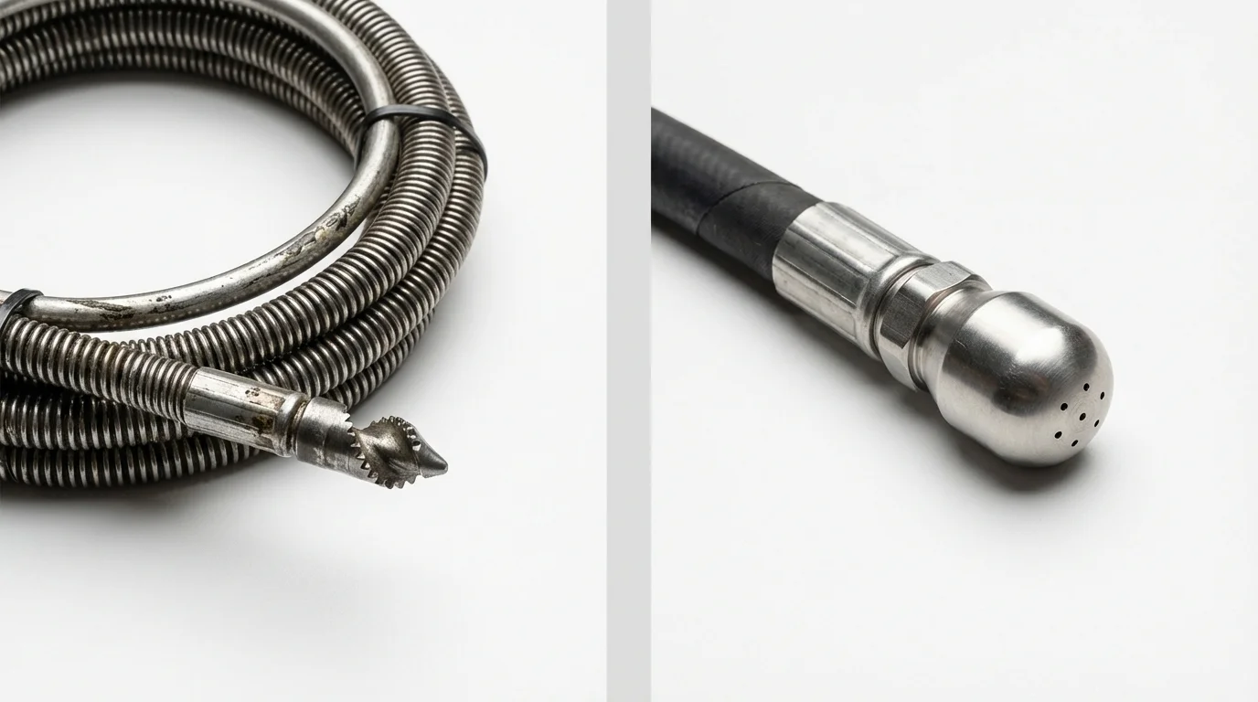 Drain snake cable and hydro jetting nozzle used for drain cleaning in Natick, MA