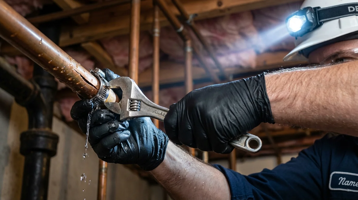 Emergency pipe clamp repair being performed by a Johns Plumbing LLC plumber in Natick