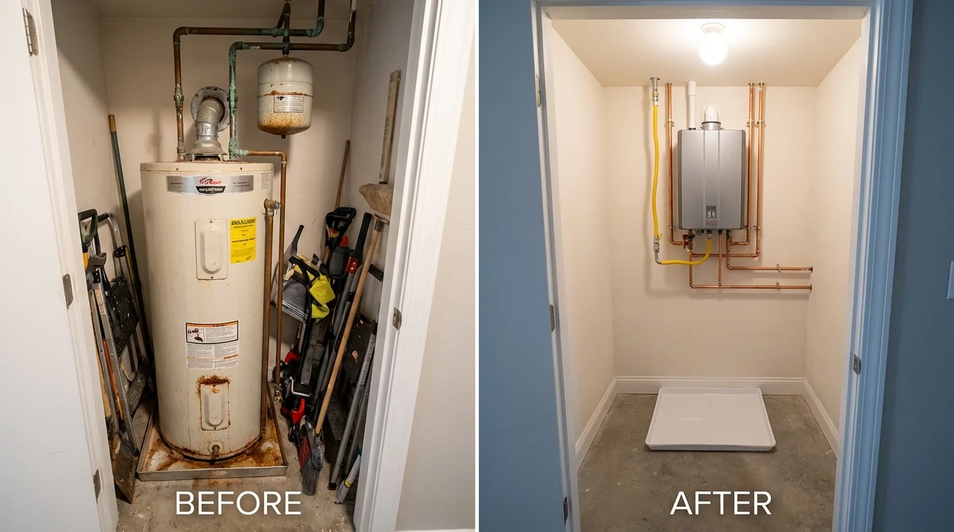 Tank water heater versus wall-mounted tankless unit comparison for Natick, MA homeowners