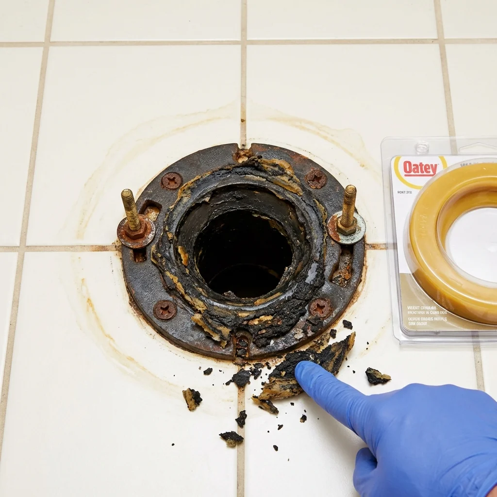 Failed wax ring showing water seepage at the base of a toilet in a Natick, MA home